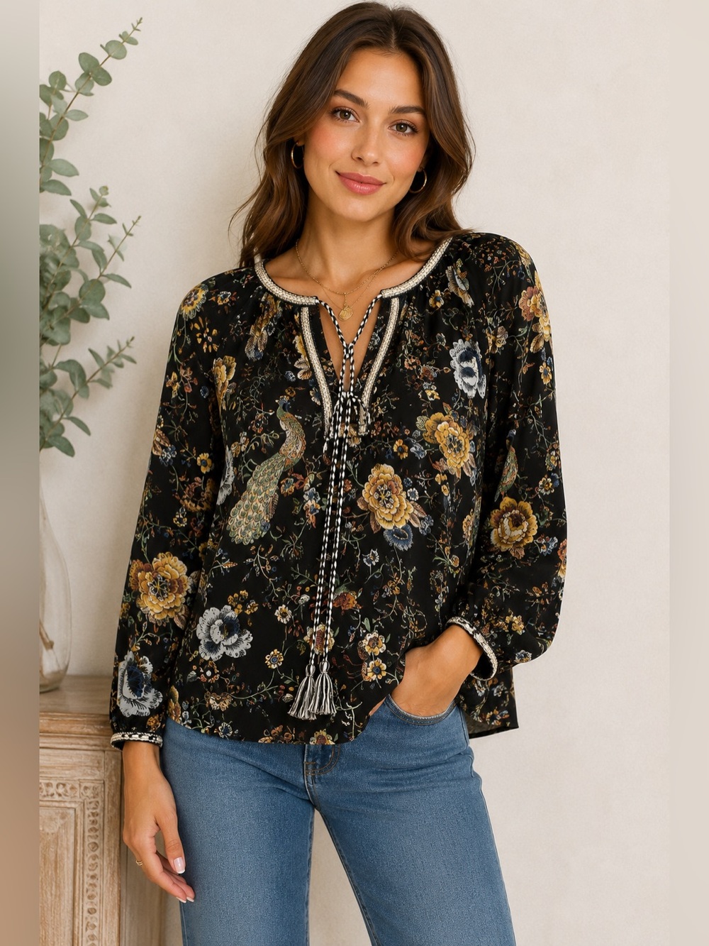 Molly Bracken Peacock Floral Boho Peasant Blouse Tie Neck XS S